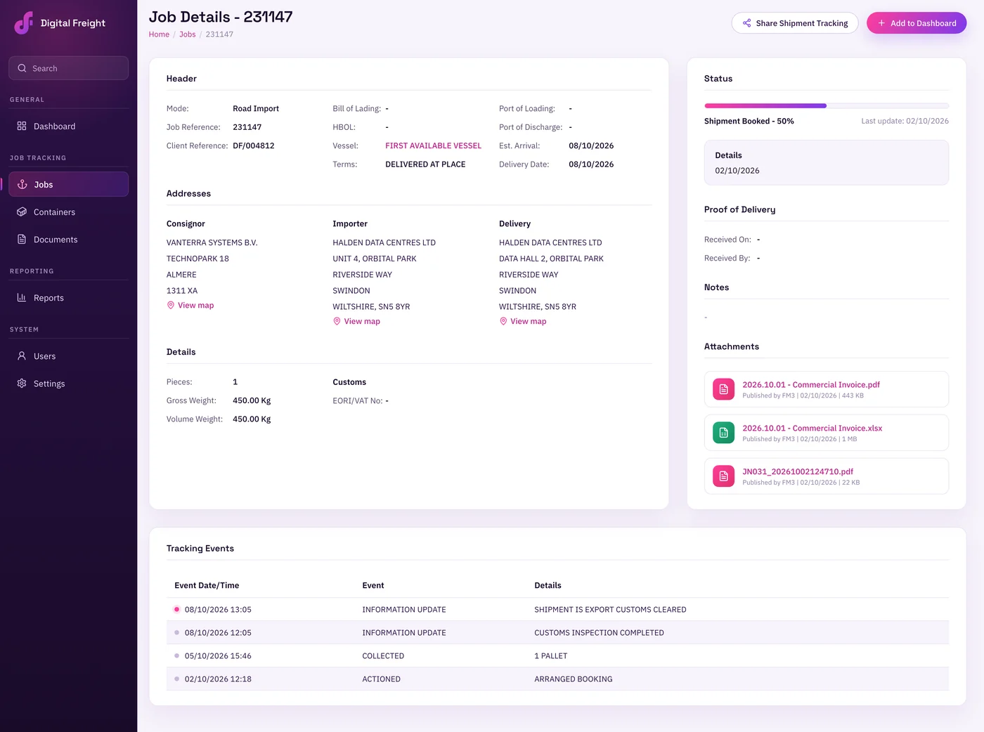 The Digital Freight customer portal showing a job's details: status, addresses, attachments and tracking events.